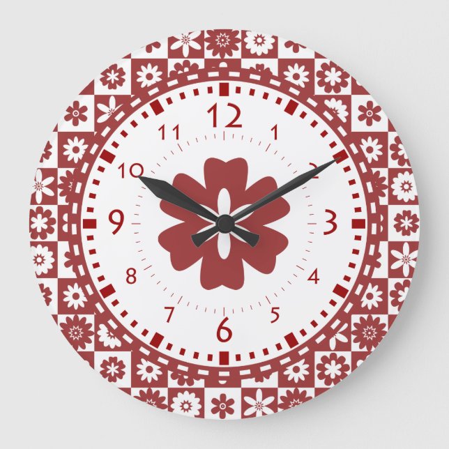 American Farm Country Kitchen Red and White Flower Large Clock (Front)