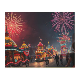 American Festive 4th of July Celebration Fireworks Wood Wall Art