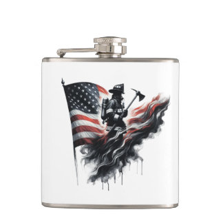 American firefighter.Flag of the United States. Flask