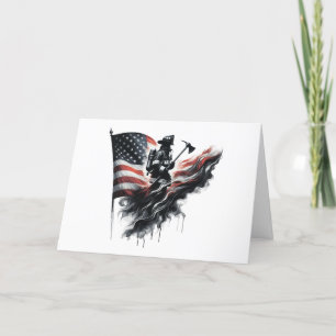  American firefighter.Flag of the United States. Letterpress Thank You Card