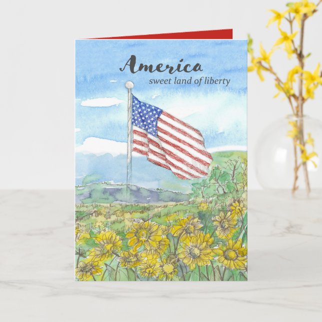 American Flag 250th Birthday Independence Day Card (Yellow Flower)