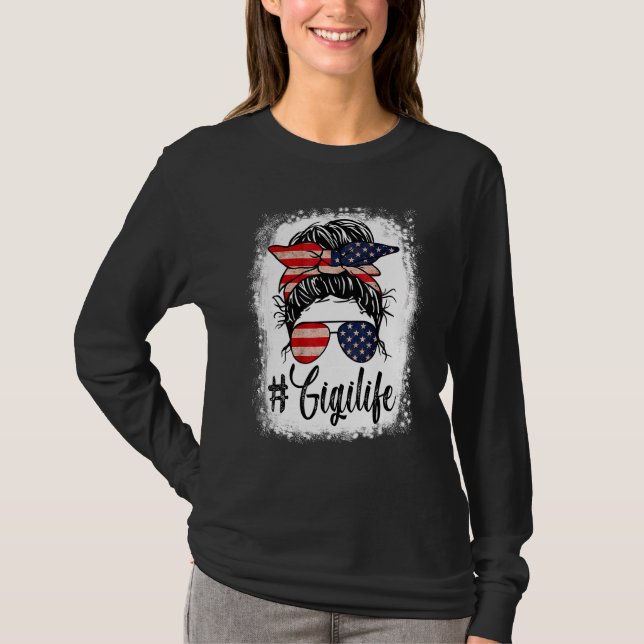American Flag 4th Of July Gigi Life Messy Bun Moth T-Shirt (Front)