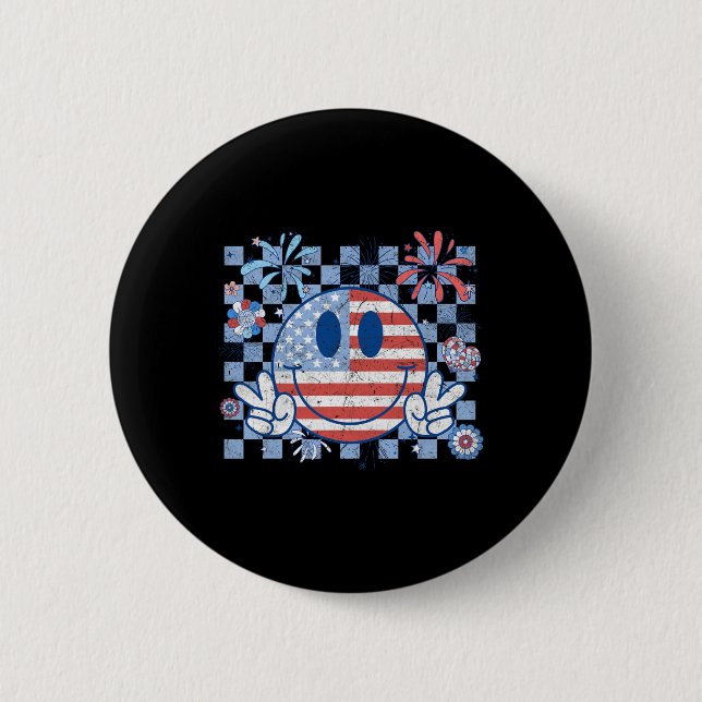 American Flag 4th Of July Groovy Smiling Face Chec Button (Front)