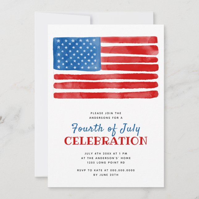 American Flag 4th of July Party Watercolor Invitation (Front)