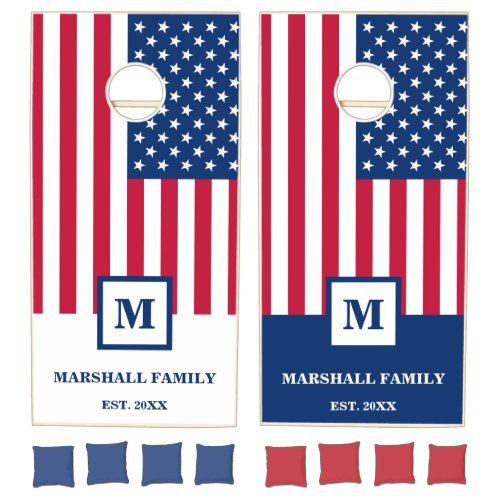 American Flag 4th Of July Personalized Monogram Cornhole Set