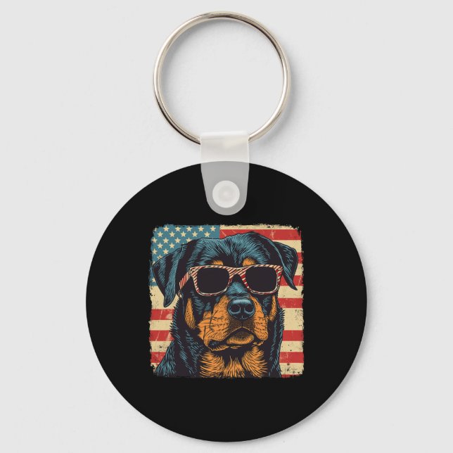 American Flag 4th Of July Rottweiler Dog Art  Keychain (Front)
