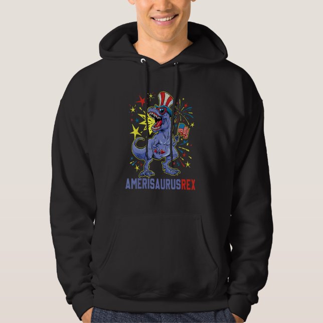 American Flag 4th of July T Rex Dinosaur Amerisaur Hoodie (Front)