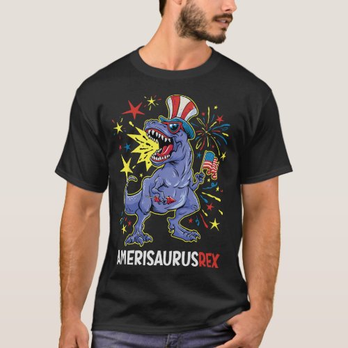 American Flag 4th of July T Rex Dinosaur Amerisaur T_Shirt