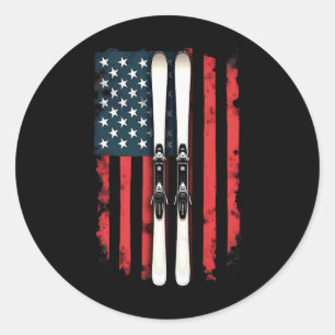 American Flag Alpine Skiing Skier 1  Classic Round Sticker