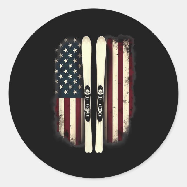 American Flag Alpine Skiing Skier _4  Classic Round Sticker (Front)