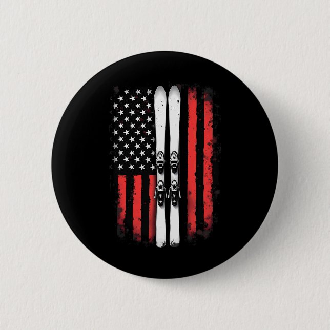 American Flag Alpine Skiing Skier  Button (Front)