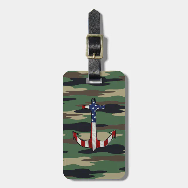 American Flag Anchor on Camo Luggage Tag (Front Vertical)
