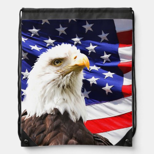 American Flag and Bald Eagle Drawstring Bag