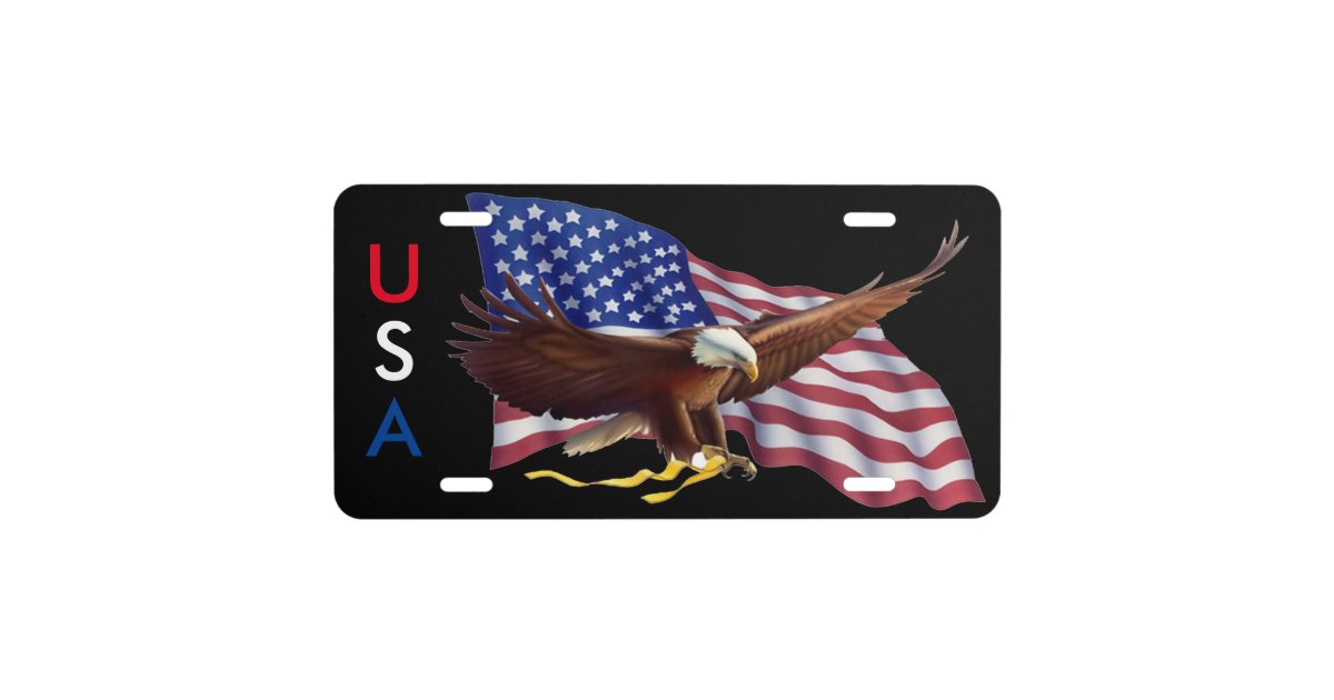 AMERICAN FLAG AND BALD EAGLE WITH GOLD RIBBON LICENSE PLATE | Zazzle.com