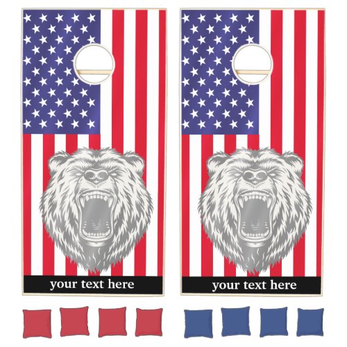 American Flag and bear Personalized text Cornhole Set