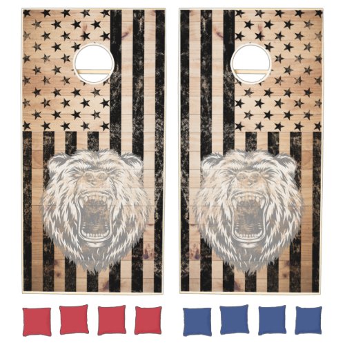 American Flag and bear wood vintage and black Cornhole Set