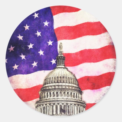American Flag And Capitol Building Classic Round Sticker