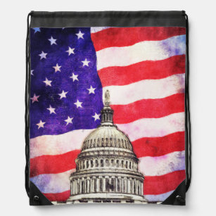 American Flag And Capitol Building Drawstring Bag