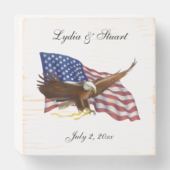 American Flag and Eagle Wedding Wooden Box Sign (Front Horizontal)