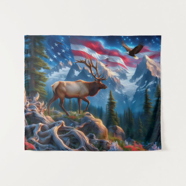 American Flag and Elk Tapestry (Front (Horizontal))
