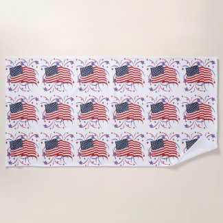 American Flag and Fireworks Beach Towel