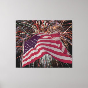 American Flag and Fireworks Canvas Print