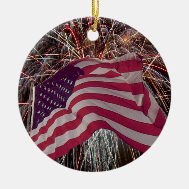 American Flag and Fireworks Ceramic Ornament (Front)