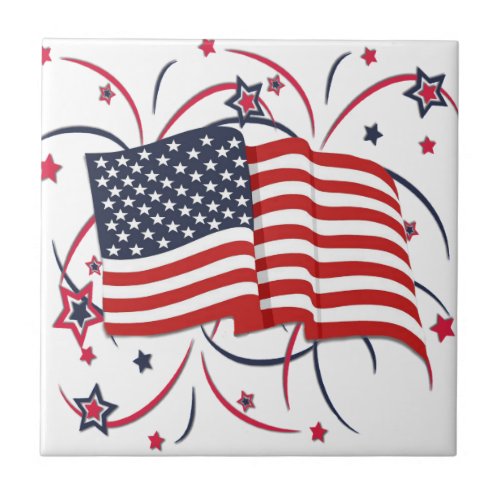 American Flag and Fireworks Ceramic Tile