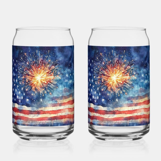 American flag and fireworks. Drinkware Set Can Glass (Front)