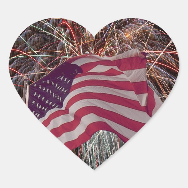 American Flag and Fireworks Heart Sticker (Front)