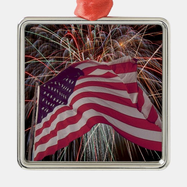 American Flag and Fireworks Metal Ornament (Front)