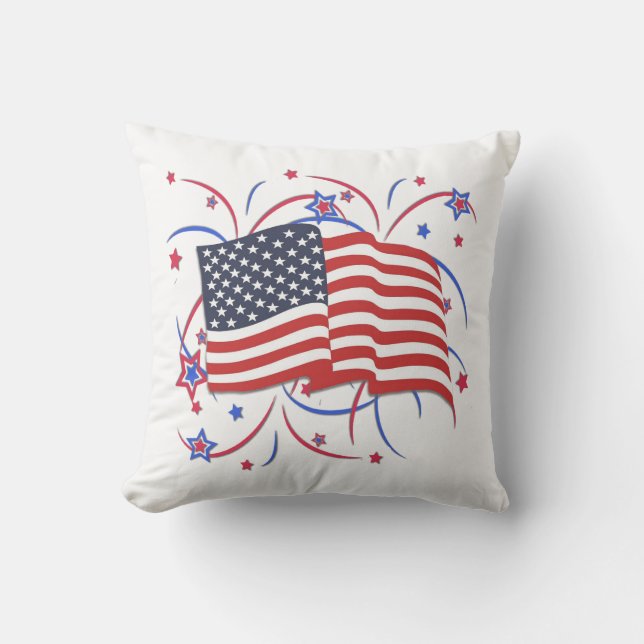 American Flag and Fireworks Outdoor Pillow (Front)