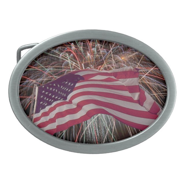 American Flag and Fireworks Oval Belt Buckle (Front)