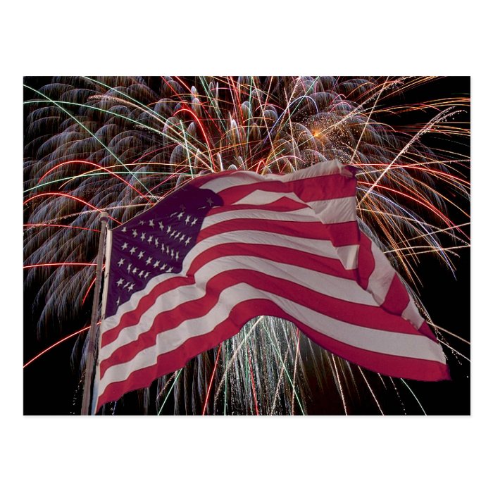 American Flag and Fireworks Postcard