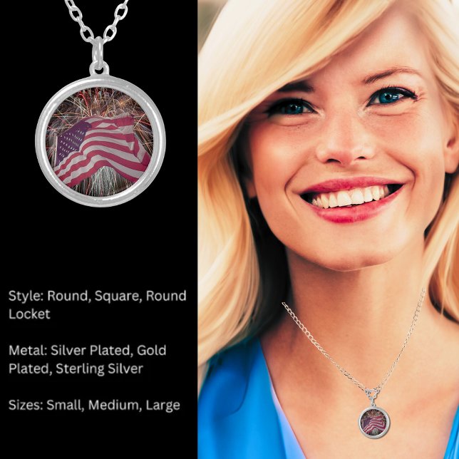 American Flag and Fireworks Round Silver Plated Necklace (American Flag and Fireworks Round Silver Plated Necklace)