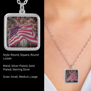 American Flag and Fireworks Silver Plated Necklace