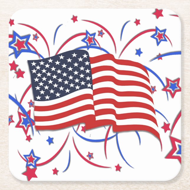American Flag and Fireworks Square Paper Coaster (Front)