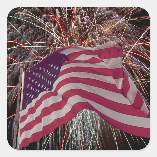 American Flag and Fireworks Square Sticker (Front)