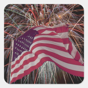 American Flag and Fireworks Square Sticker
