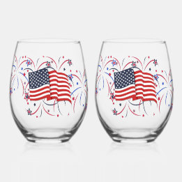 American Flag and Fireworks Stemless Wine Glass