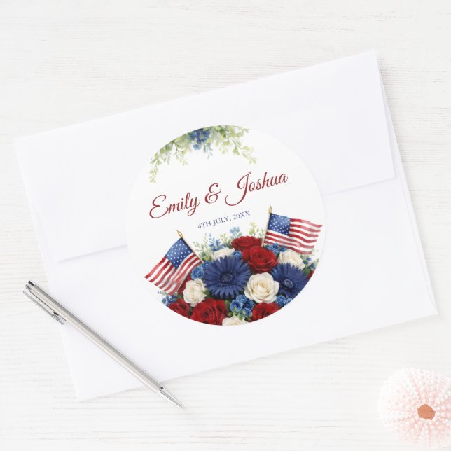 American Flag and Flowers Wedding Classic Round Sticker (Envelope)