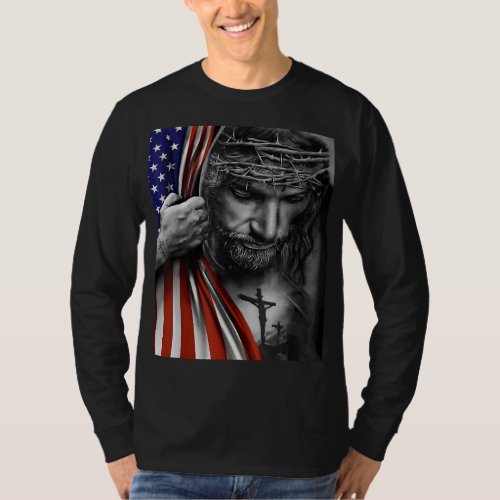 American Flag And Jesus Happy Independence Day 4th T_Shirt