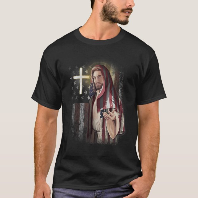American Flag And Jesus Happy Independence Day 4th T-Shirt (Front)