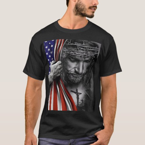 American Flag And Jesus Happy Independence Day 4th T_Shirt