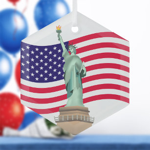 American Flag And Lady Liberty Glass Ornament