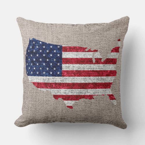 American Flag and Map Burlap Linen Rustic Jute 2 Throw Pillow