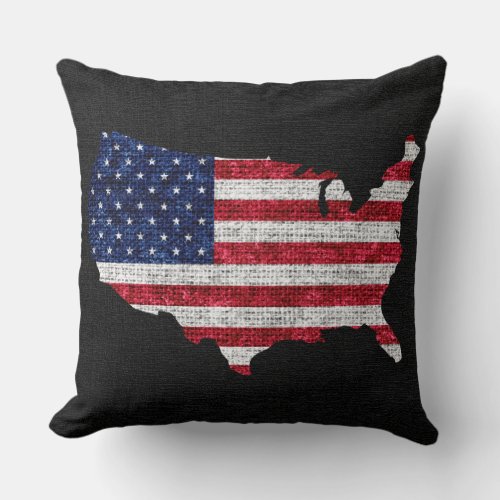 American Flag and Map Burlap Linen Rustic Jute Throw Pillow