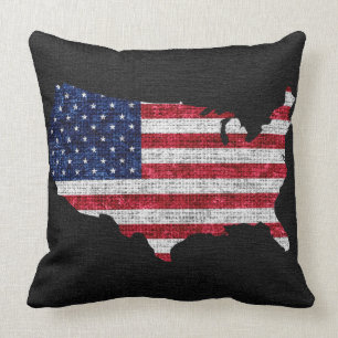 American Flag and Map Burlap Linen Rustic Jute Throw Pillow