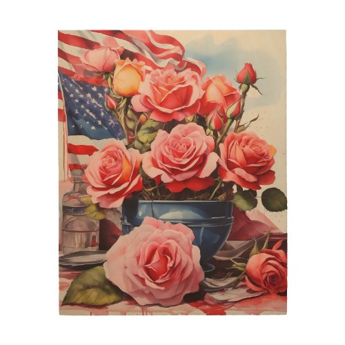 American Flag and Rose 1 Wood Wall Art