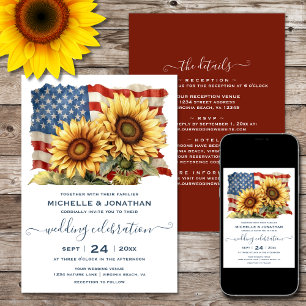 American Flag and Sunflowers All in One Wedding Invitation